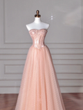 Niulatu Peach Pink Strapless Sequins Tulle A Line Long Prom Dress Evening Dress HZ1007