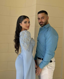 Niulatu Blue Beaded Sequins Luxury Evening Dresses Satin Trim with Shawl Arabian Dubai Muslim Prom Dress HZ1007