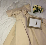 Niulatu A-Line Evening Gown Elegant Dress Formal Floor Length Short Sleeve Illusion Neck Satin with Ruched Beading Prom Dress HZ1110