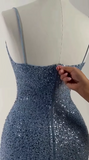 Niulatu Blue Sequins Beaded Sheath Long Prom Dress Formal Evening Dress HZ1007