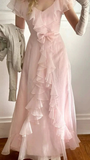 Niulatu Pink Chiffon Ruffle Evening Dress Formal A Line Prom Dress HZ1007