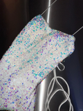 Niulatu White Spaghetti Straps Sequins Prom Dress Mermaid Slit Tassel Evening Dress HZ1007