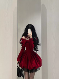 Niulatu Ball Gown Long Sleeves Velvet Red Short Cocktail Dresses Birthday Outfits SD572