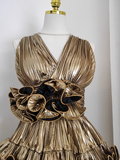 Niulatu Sheath V Neckline Gold Ruffles Long Prom Dresses Birthday Outfits SD367