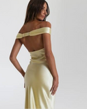 Niulatu Mermaid Off The Shoulder Yellow Satin Long Evening Dress Prom Dresses SD2063
