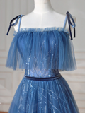 Niulatu Blue Spaghetti Straps Tulle Sequins A Line Prom Dress Evening Dress HZ1007