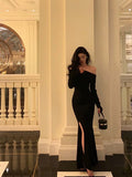 Niulatu Sheath Off The Shoulder Black Slit Long Sleeves Prom Dresses Birthday Outfits SD405