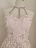 Niulatu A line High Neckline Pink Tulle Dinner Party Dresses Birthday Outfits SD393