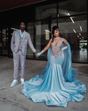 Niulatu Blue Velvet Silver Crystal Evening Dress Luxurious Evening Gown HZ1007
