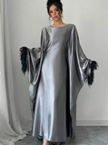 Niulatu Satin Long Formal Evening Dress Long Sleeves Prom Dress With Feathers HZ1007