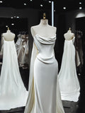 Niulatu Mermaid Strapless White Satin Long Wedding Dresses With Ruffles HZ1110