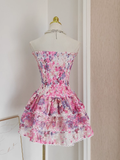 Niulatu A line Strapless Sleeveless Pink Floral Cocktail Dress Short Birthday Outfits SD388