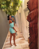 Niulatu Birthday Off The Shoulder Homecoming Dresses Tiffany Blue Mini Bowknot Party Dress HZ1110