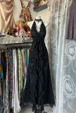 Niulatu V Neck Black Chiffon Lace Evening Dress Long Prom Dress HZ1007
