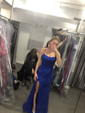 Niulatu Blue Sheath Lace Long Evening Dress with Slit HZ1007