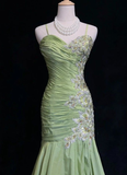 Niulatu Green Mermaid Satin Beaded Sequin Evening Dress Spaghetti Strap Long Prom Dress HZ1007
