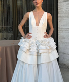 Niulatu Deep V Multi-Layered Satin A Line Evening Dress White Formal Prom Dress HZ1007