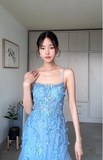Niulatu Blue Tulle Appliques Mermaid Evening Dress Long Prom Dress HZ1007