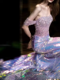 Niulatu Off Shoulder Beaded Sequin Mermaid Prom Purple Formal Evening Gown HZ1007