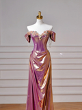 Niulatu Purple Satin Beaded Mermaid Prom Dress Off The Shoulder Long Evening Dress HZ1007
