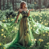 Niulatu Green Off Shoulder Long Sleeves Tulle Lace Appliques Evening Dress Formal Party Prom Dress HZ1007