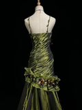 Niulatu Dark Green Irregular Neckline Satin Beaded Evening Dress Ruched Mermaid Prom Dress HZ1007