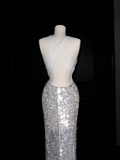 Niulatu V Neck Silver Sequins Backless Mermaid Prom Dress Evening Dress HZ1007