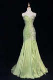 Niulatu Green Mermaid Satin Beaded Sequin Evening Dress Spaghetti Strap Long Prom Dress HZ1007