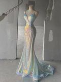 Niulatu Spaghetti Straps Sequins Mermaid V-neck Backless Long Prom Dresses Evening Dresses HZ1007