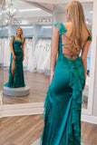 Niulatu Green Square Neck Ruffle Slit Prom HZ1007