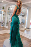 Niulatu Green Square Neck Ruffle Slit Prom HZ1007
