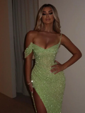 Niulatu Sage Green Sequins Off-The-Shoulder Split Prom Dress Formal Evening Gown HZ1007