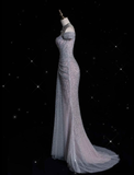 Niulatu Lilac Tulle Beaded Mermaid Off The Shoulder Evening Dress Long Prom Dress HZ1007