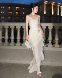 Niulatu White Chiffon Mermaid Evening Dress Long Layered Prom Dress HZ1007