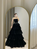 Niulatu Black A-line Layered Evening Dress Black Strapless Evening Gown HZ1007