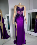Niulatu Strapless Satin Lace Appliques Prom Party Dress Mermaid Sexy Split Evening Dress HZ1007