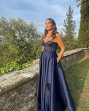 Niulatu Navy Blue Satin Evening Dress Navy Blue Graduation Dress HZ1007