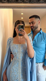 Niulatu Blue Beaded Sequins Luxury Evening Dresses Satin Trim with Shawl Arabian Dubai Muslim Prom Dress HZ1007