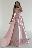 Niulatu Pink Strapless Satin Appliques Evening Dress Formal Prom Dress HZ1007