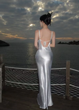 Niulatu White Satin Backless Long Prom Evening Dress HZ1007