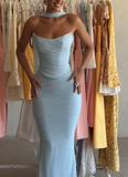 Niulatu Strapless Blue Chiffon Prom Dress Mermaid Party Evening Gown HZ1007