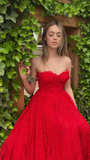 Niulatu Red Lace Prom Dress Sweetheart Neck Side Slit High Waist A Line Formal Wedding Party Evening Dress HZ1007