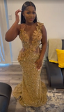 Niulatu Gold Sequins Appliques Evening Dress Mermaid Prom Dress HZ1007