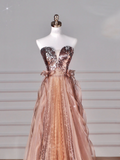 Niulatu Rose Gold Strapless Tulle Sequins Beaded A Line Prom Dress Evening Dress HZ1007