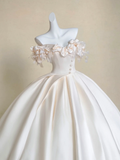 Niulatu Ball Gown Off the Shoulder Floral Ivory Satin Prom Dress Wedding Dresses HZ0113