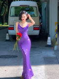 Niulatu Shiny Purple Mermaid Straps Sequin Long Prom Dress Vacation Dress HZ0113