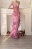 Niulatu Pink Chiffon Sequins Mermaid Evening Dress Long Prom Dress HZ1007