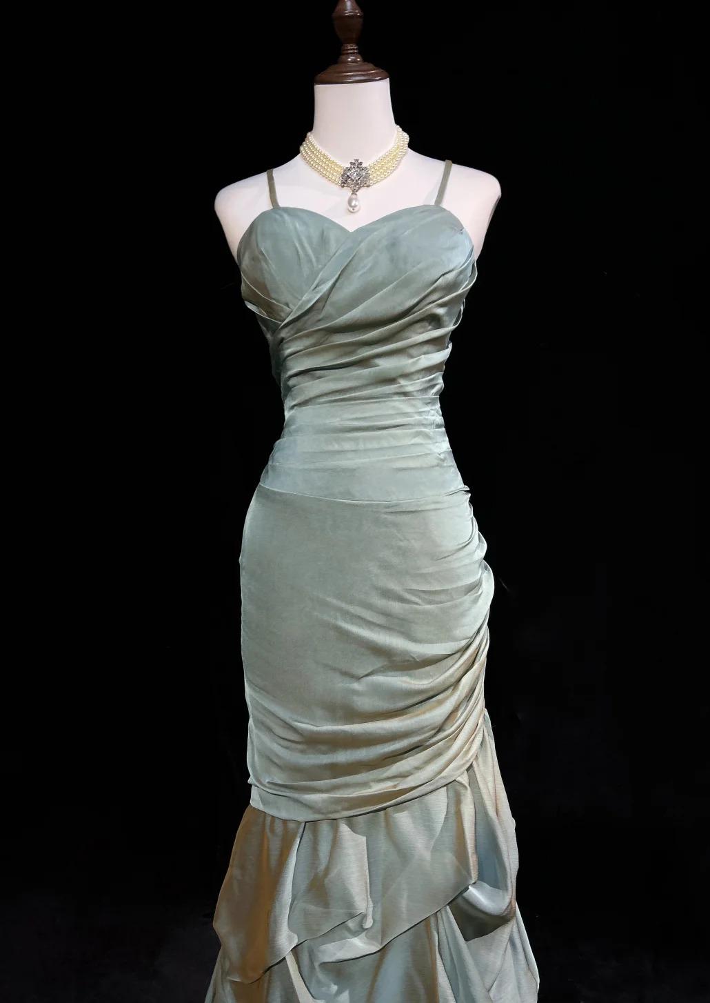 Niulatu Green Spaghetti Straps Mermaid Satin Long Prom Dresses Sweet 16 Formal Evening Dresses HZ1103