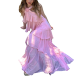 Niulatu Women's Pink A-line Tiered Prom Dress Pink Backless Evening Dress HZ1007