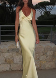 Niulatu V Neck Yellow Satin Evening Dress Long Prom Dress HZ1007
